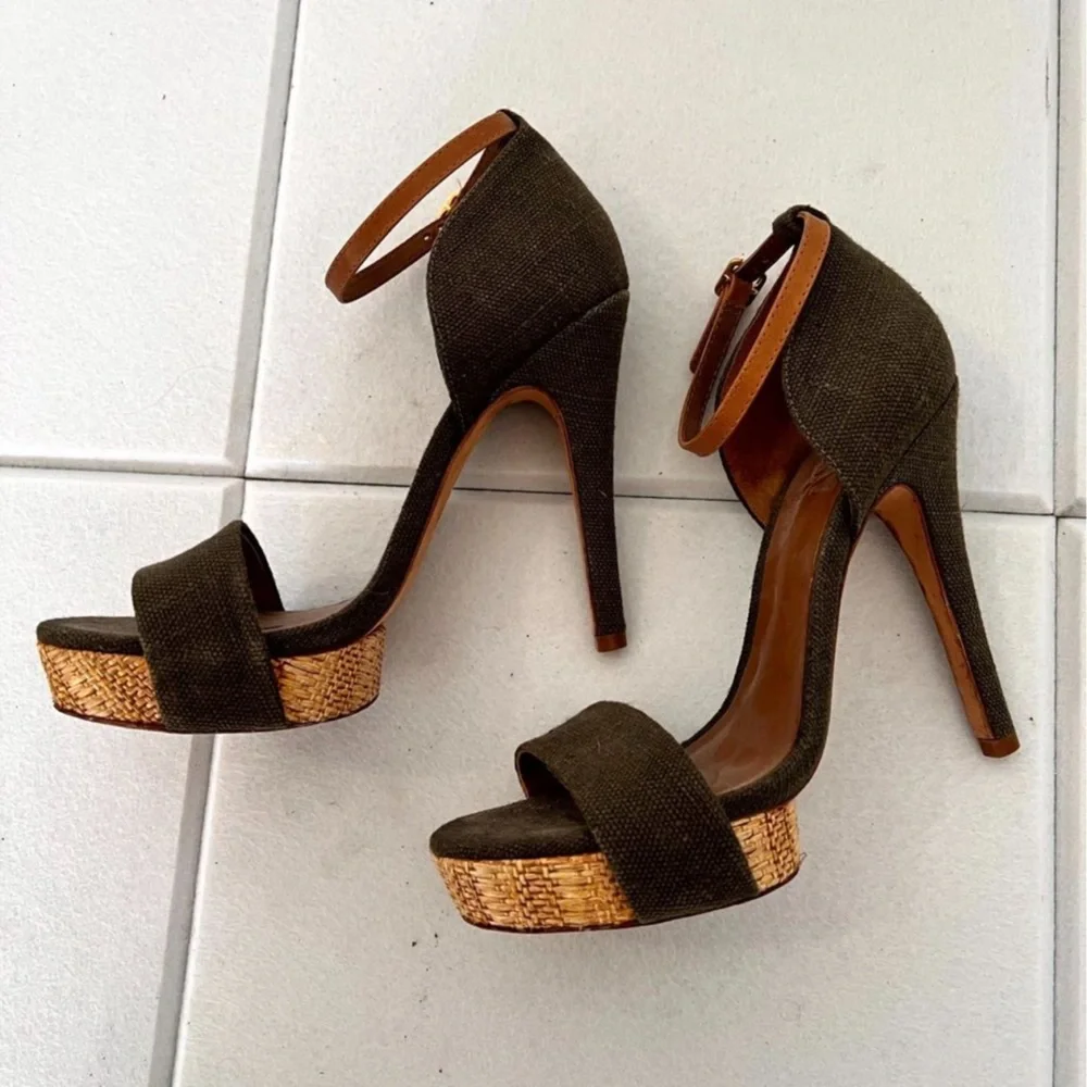 Tory Burch Amina Olive Woven Platform Heels Raffia‎ Ankle Strap 7.5